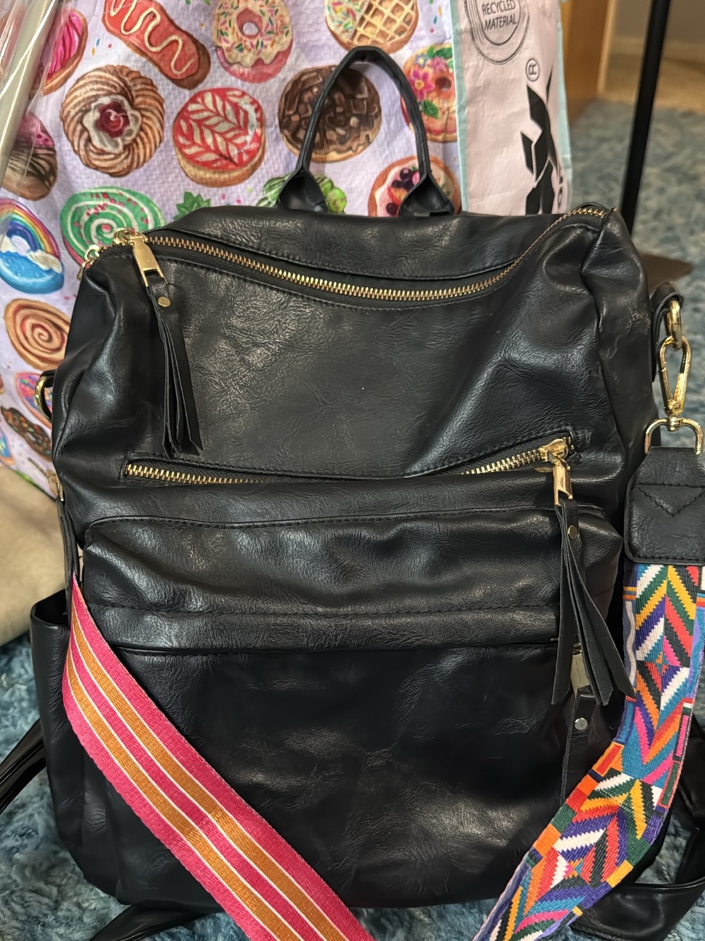 Black Leather Backpack with Colorful Removable Strap